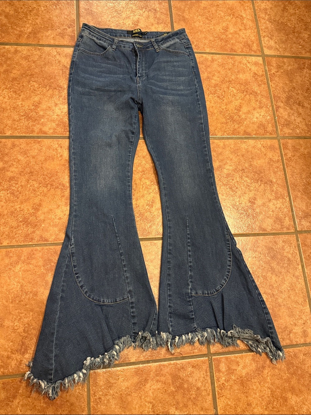 Lucky & Blessed Dark Blue Frayed-Hem Flare Jeans